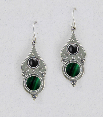 Sterling Silver Malachite And Black Onyx Gemstone Drop Dangle Earrings